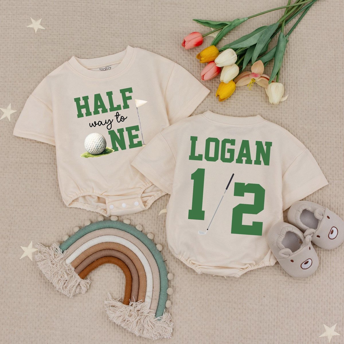 Custom Name Half Way To One Baby Romper Golf 6 Month Baby Outfit Golf Half Birthday Party Custom 12