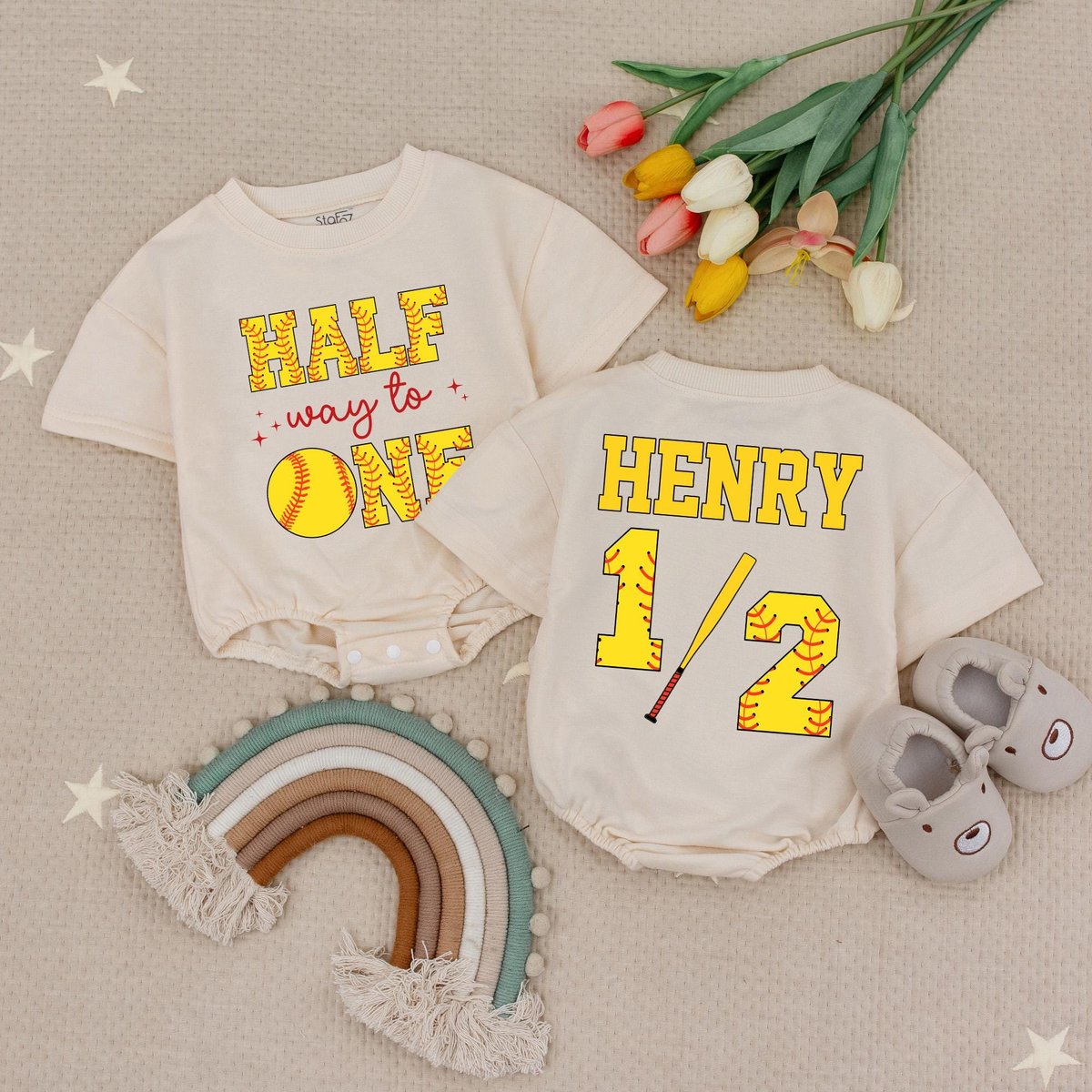 Custom Name Half Way To One Baby Romper Softball 6 Month Baby Outfit Softball Half Birthday Party 12
