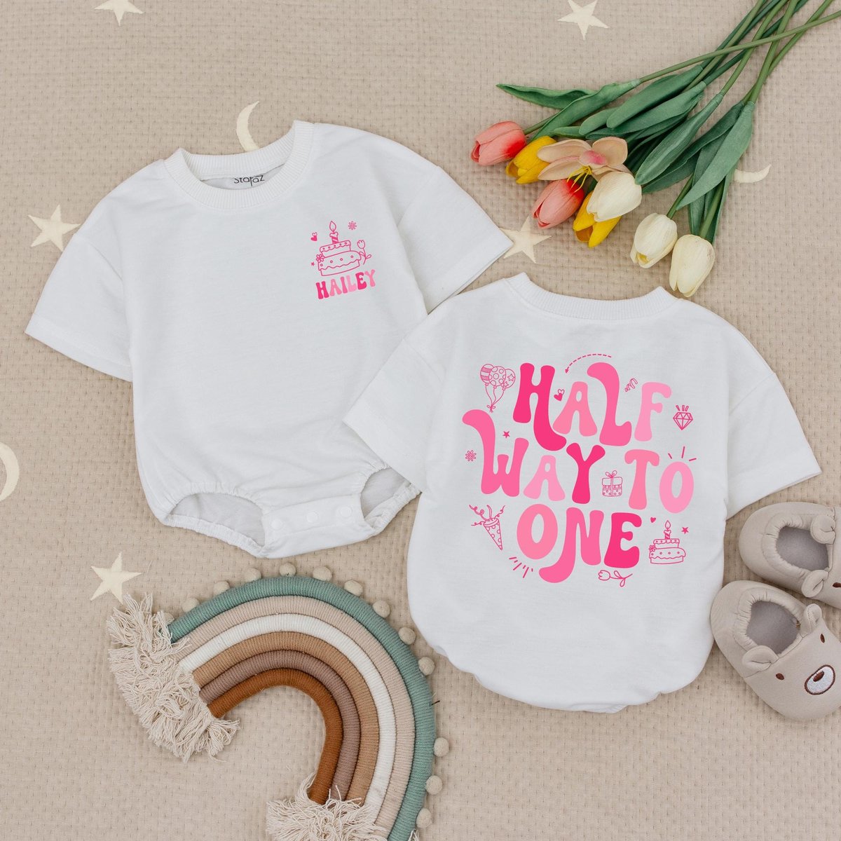 Custom Name Halfway to One Baby Romper Pink Bow Baby Girl 6 Month Outfit Half Birthday Bodysuit Cust