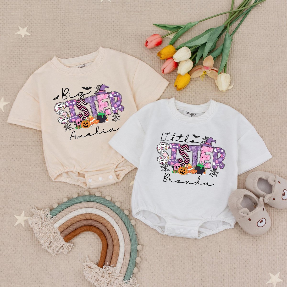 Custom Name Halloween Sisters Bubble Romper Matching Ghost Tees For Big and Little Sister Spooky Gir