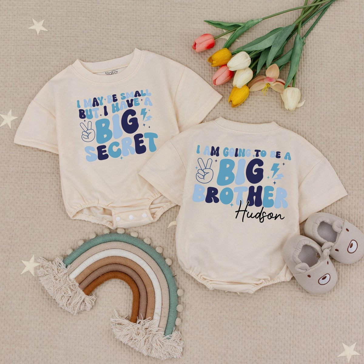Custom Name I May Be Little But I Have A Big Secret Big Bro Bubble Romper Baby Announcement Gift Tre