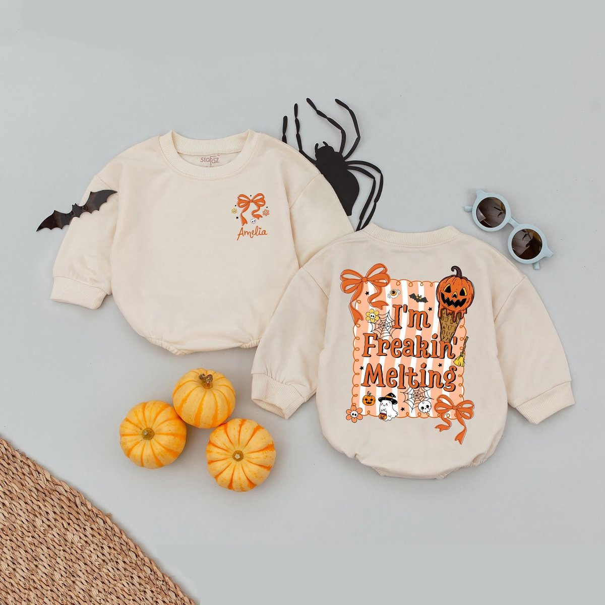Custom Name I'm Freakin' Melting Bubble Romper Cute Ghost Ice Cream Bow Halloween Baby Romper Cree