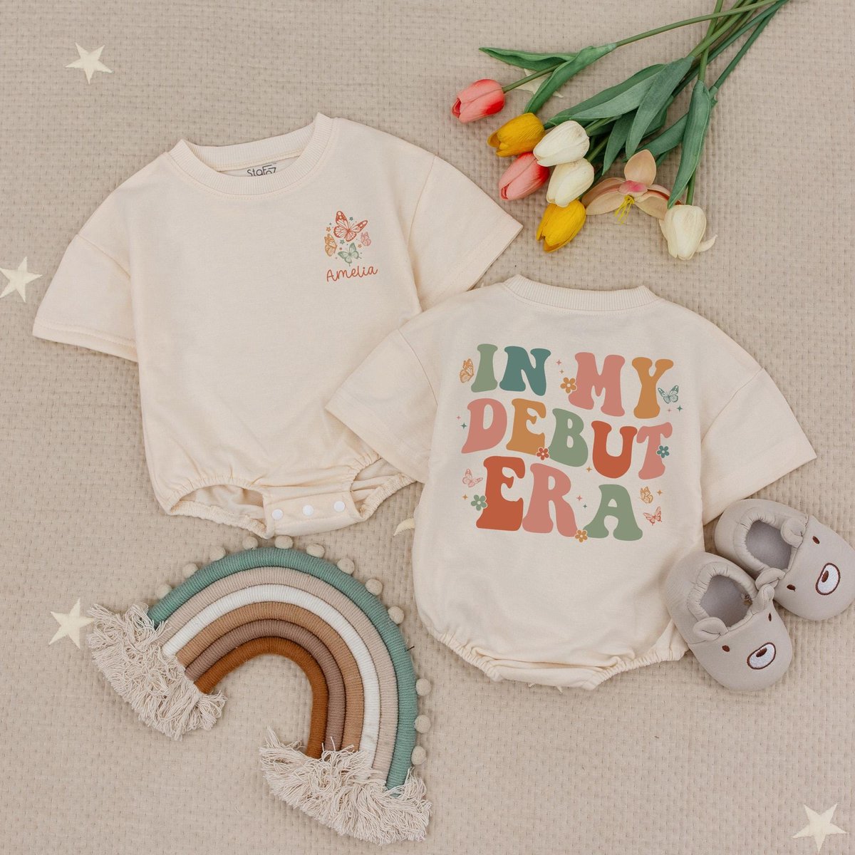 Custom Name In My Debut Era Retro Natural Baby Romper Happy Birthday Outfit One Birthday Era Baby Ba