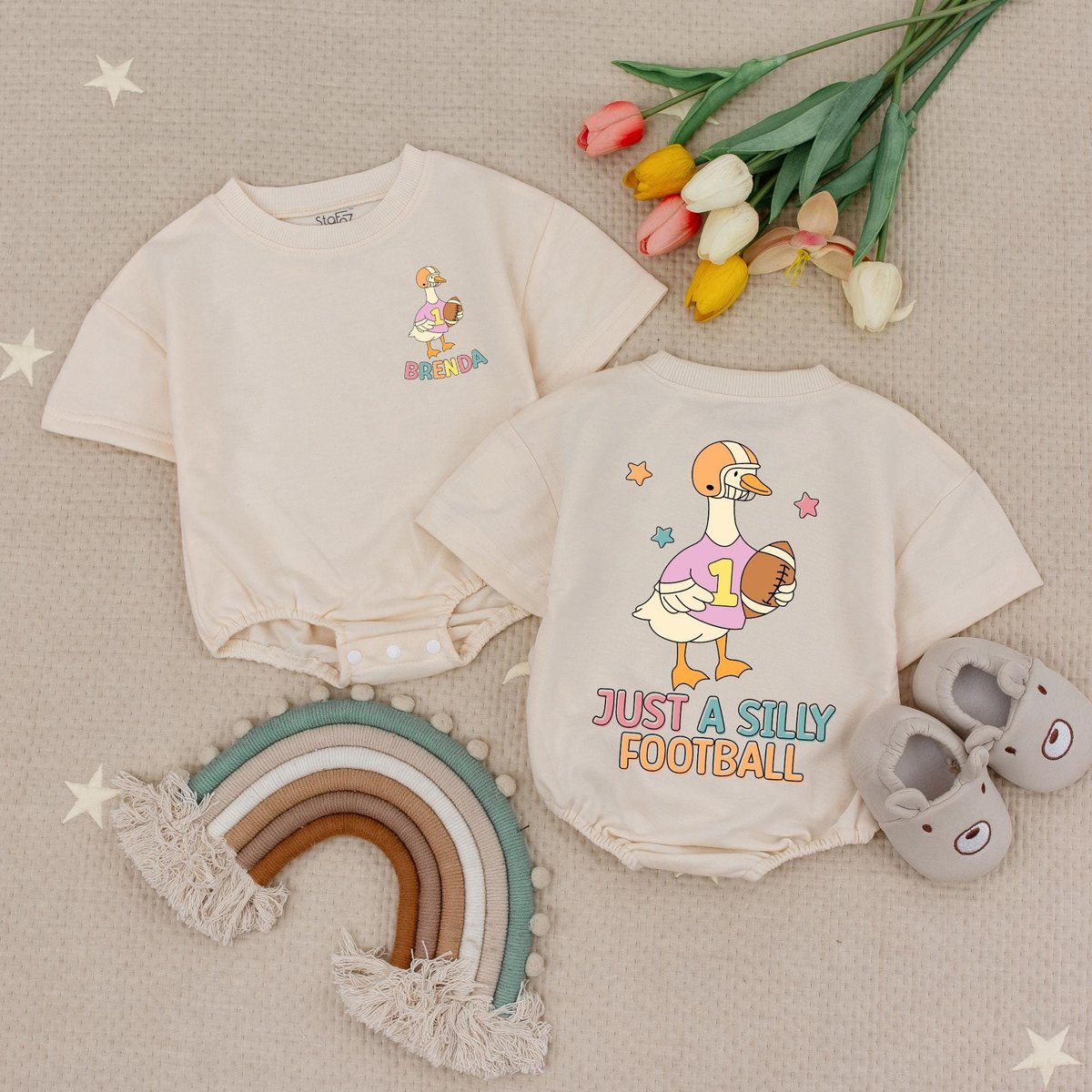 Custom Name Just A Silly Football Bubble Romper Game Day Outfit Sports Fall Team Football Touch Down