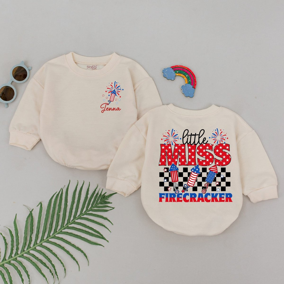 Custom Name Little Miss Firecracker Romper 4th of July Baby Girl Outfit Red White and Blue Bodysuit