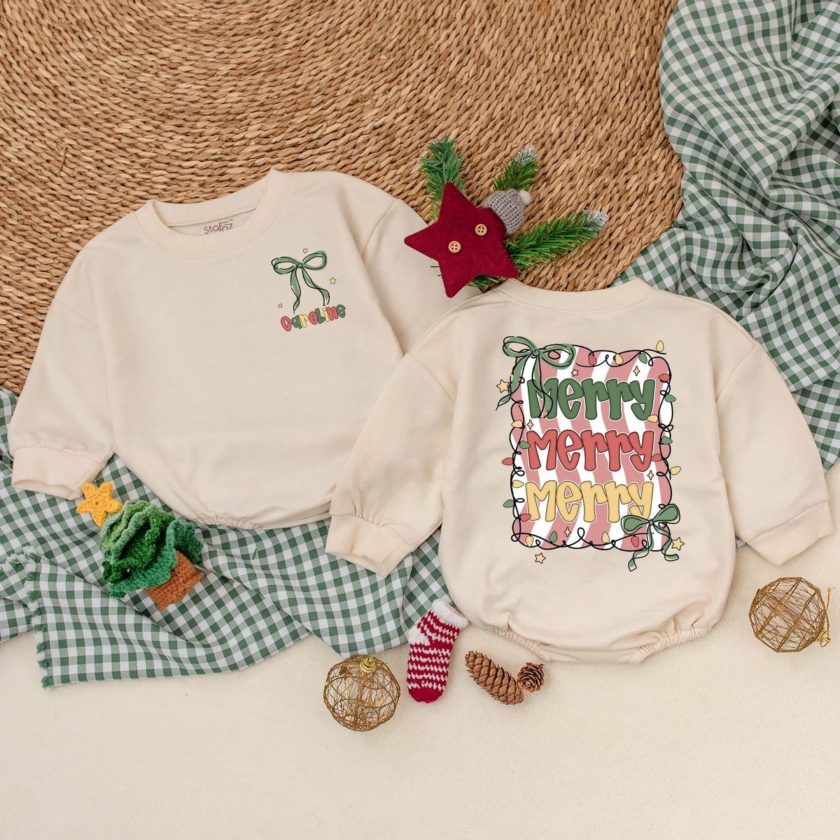 Custom Name Merry Christmas Baby Romper Personalized Holiday Outfit for Newborn Vintage Christmas Cl 436