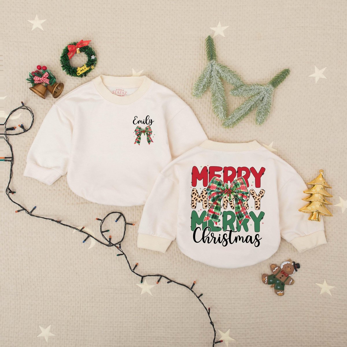 Custom Name Merry Christmas Bow Bubble Romper Sweatshirt First Christmas Holiday Cheer Babysuit Leop