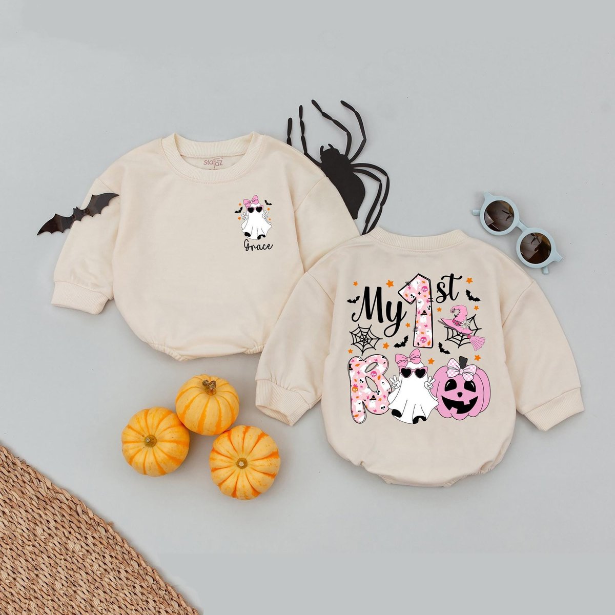 Custom Name My First Boo Baby Romper Custom Cute Pink Ghost Bodysuit Spooky Season Romper First Hall