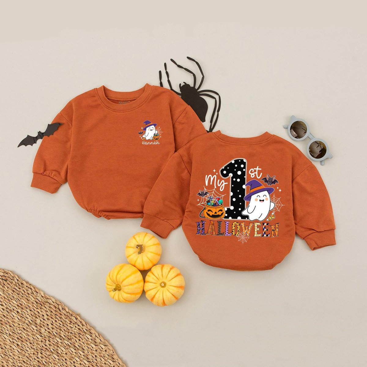 Custom Name My First Halloween Pumpkin Baby Romper Newborn Spooky Season Babysuit Baby Announcement