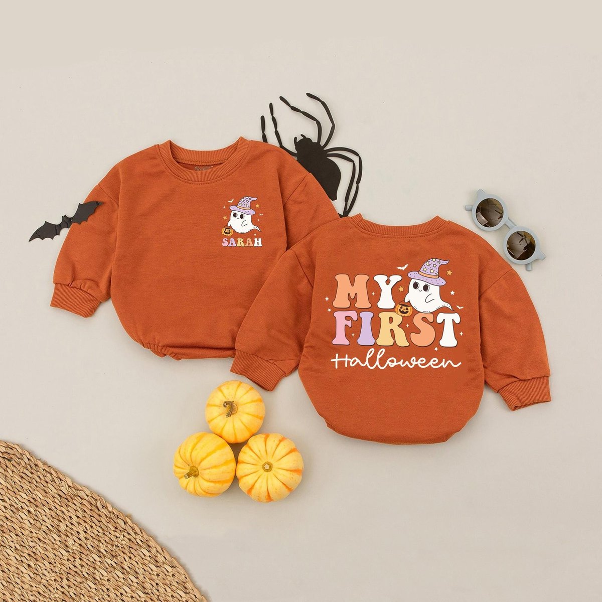 Custom Name My First Halloween Baby Romper Personalized Fall Baby Outfit Pumpkin Baby Bodysuit Infan