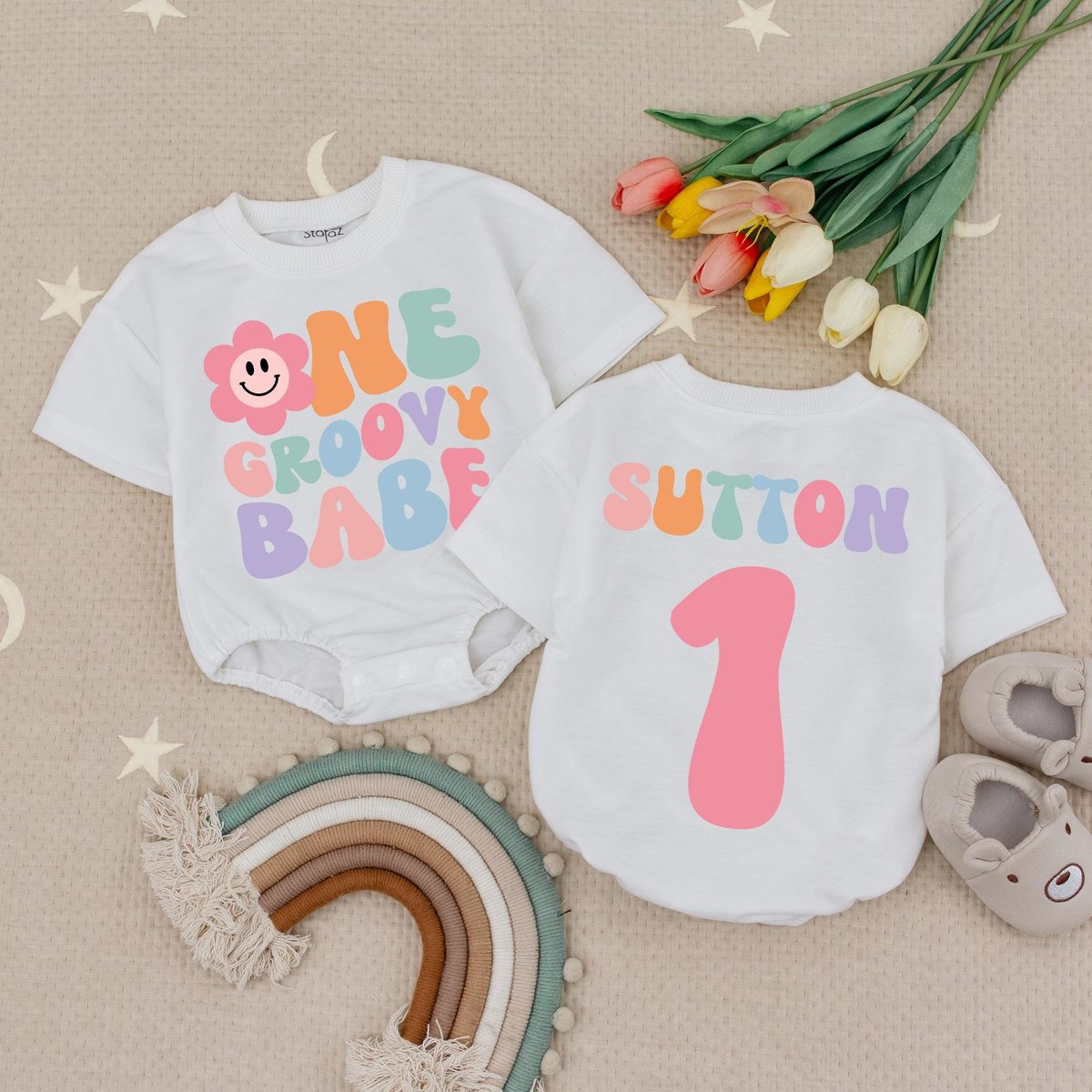 Custom Name One Groovy Babe Baby Romper Baby Girls 1st Birthday Baby Bodysuit First Birthday Outfit
