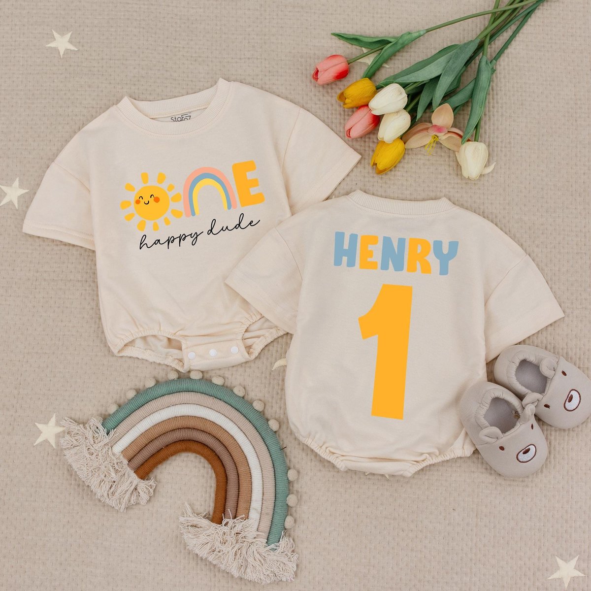 Custom Name One Happy Dude Sun Baby Romper 1st Birthday Outfit Sun Birthday Boy Bodysuit One Cool Du