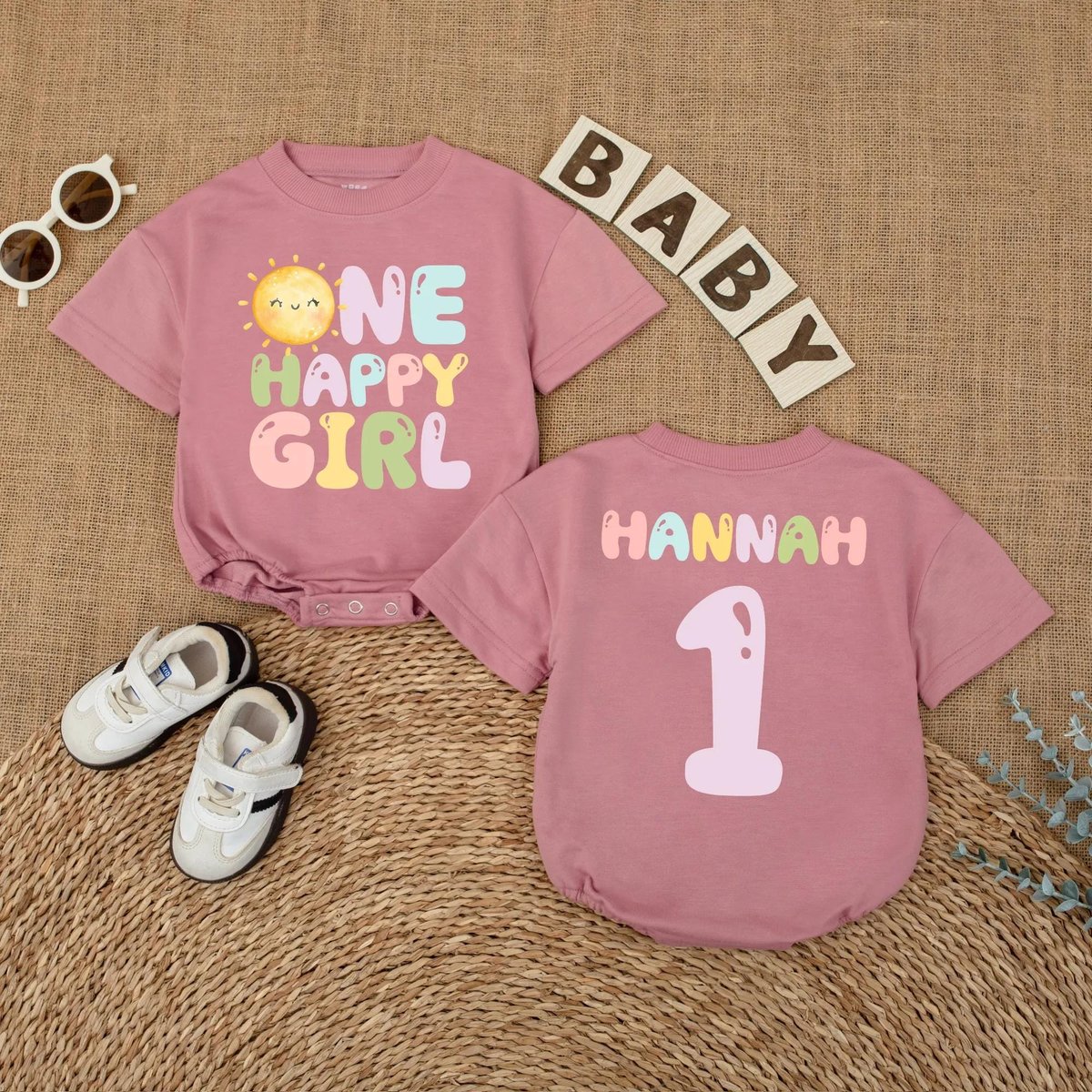 Custom Name One Happy Girl Birthday Romper First Trip Around the Sun Birthday Outfit 1st Birthday Ou 431