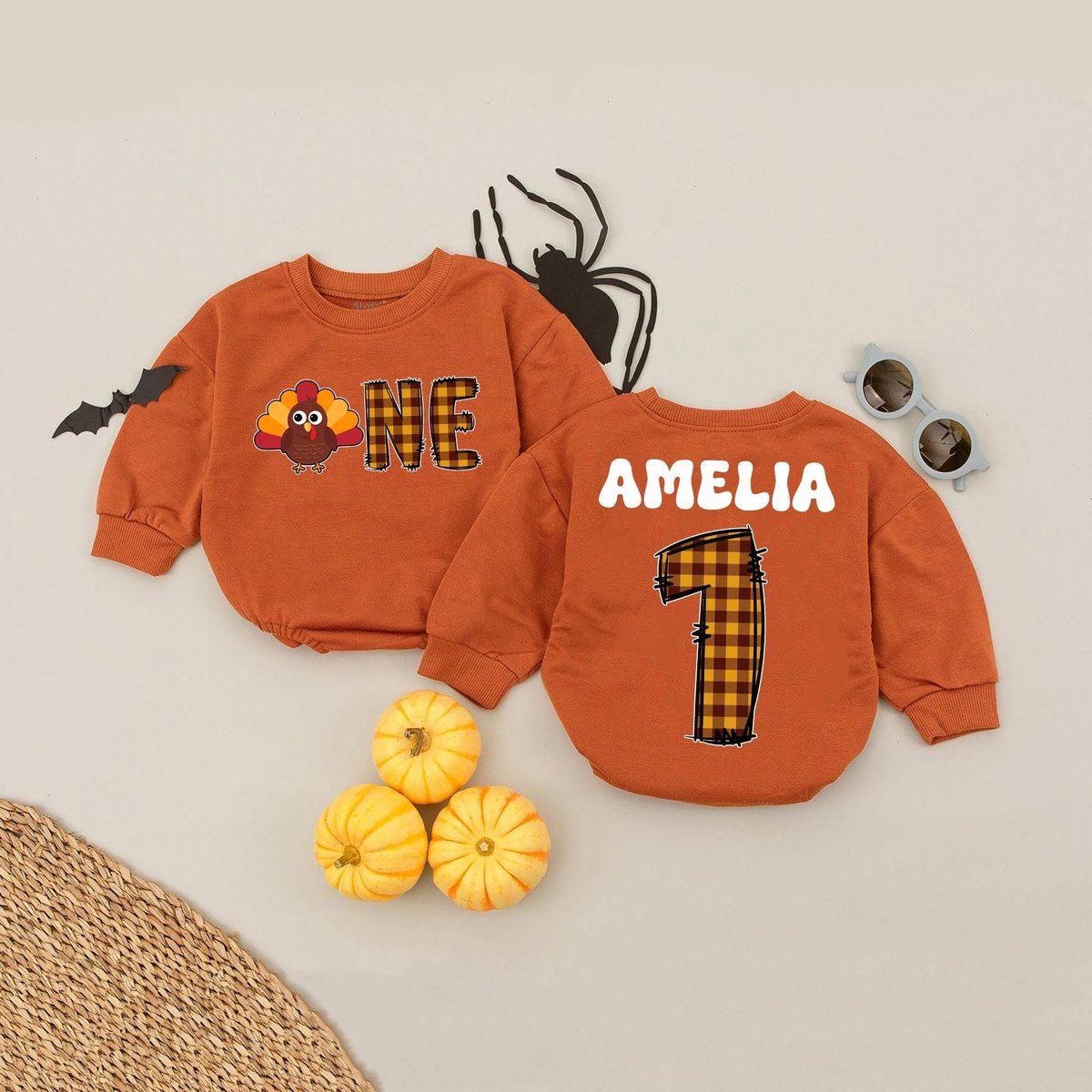 Custom Name One Little Turkey Baby Romper Sweatshirt Turkey Day Baby Bodysuit Little Turkey Baby Rom