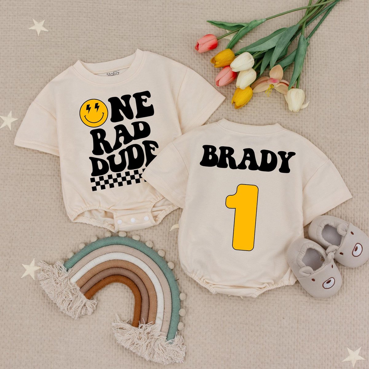 Custom Name One Rad Dude Birthday Baby Romper Boys Birthday Babysuit Retro Groovy Checkered Birthday