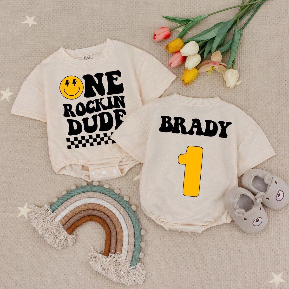 Custom Name One Rockin Dude Birthday Baby Romper Custom Name Smiley Face Romper First Birthday Outfi