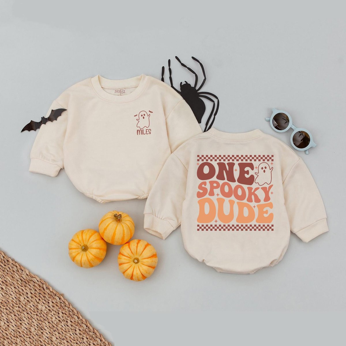 Custom Name One Spooky Dude Baby Romper Pumpkin Retro Halloween Babysuit Halloween Spooky Baby Boo O