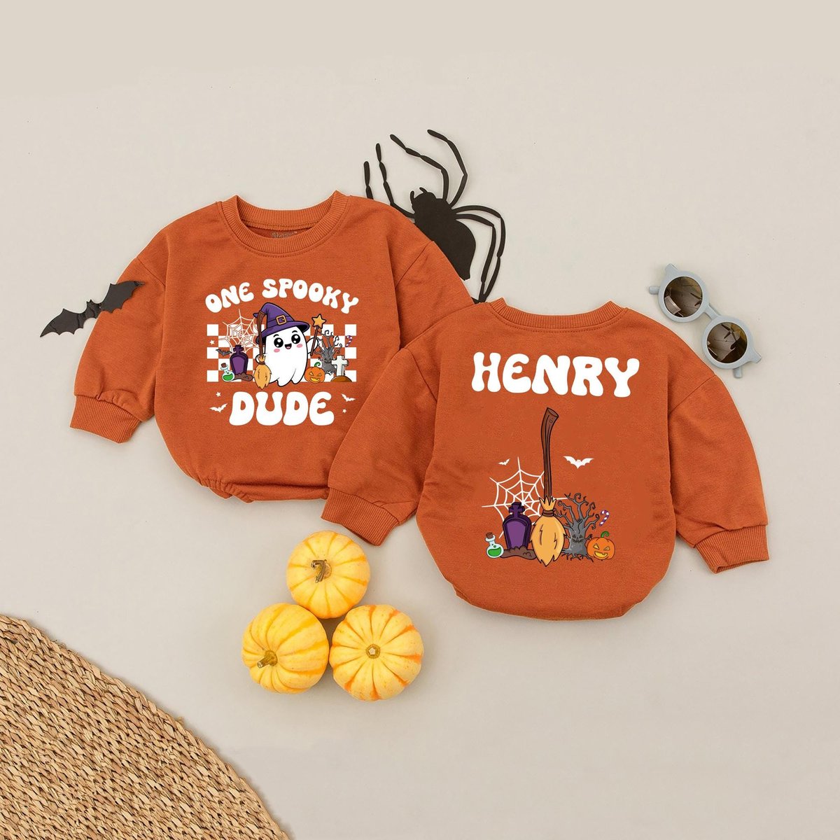 Custom Name One Spooky Dude Bubble Romper First Halloween Baby Boo Outfits Spooky Season Baby Outfit