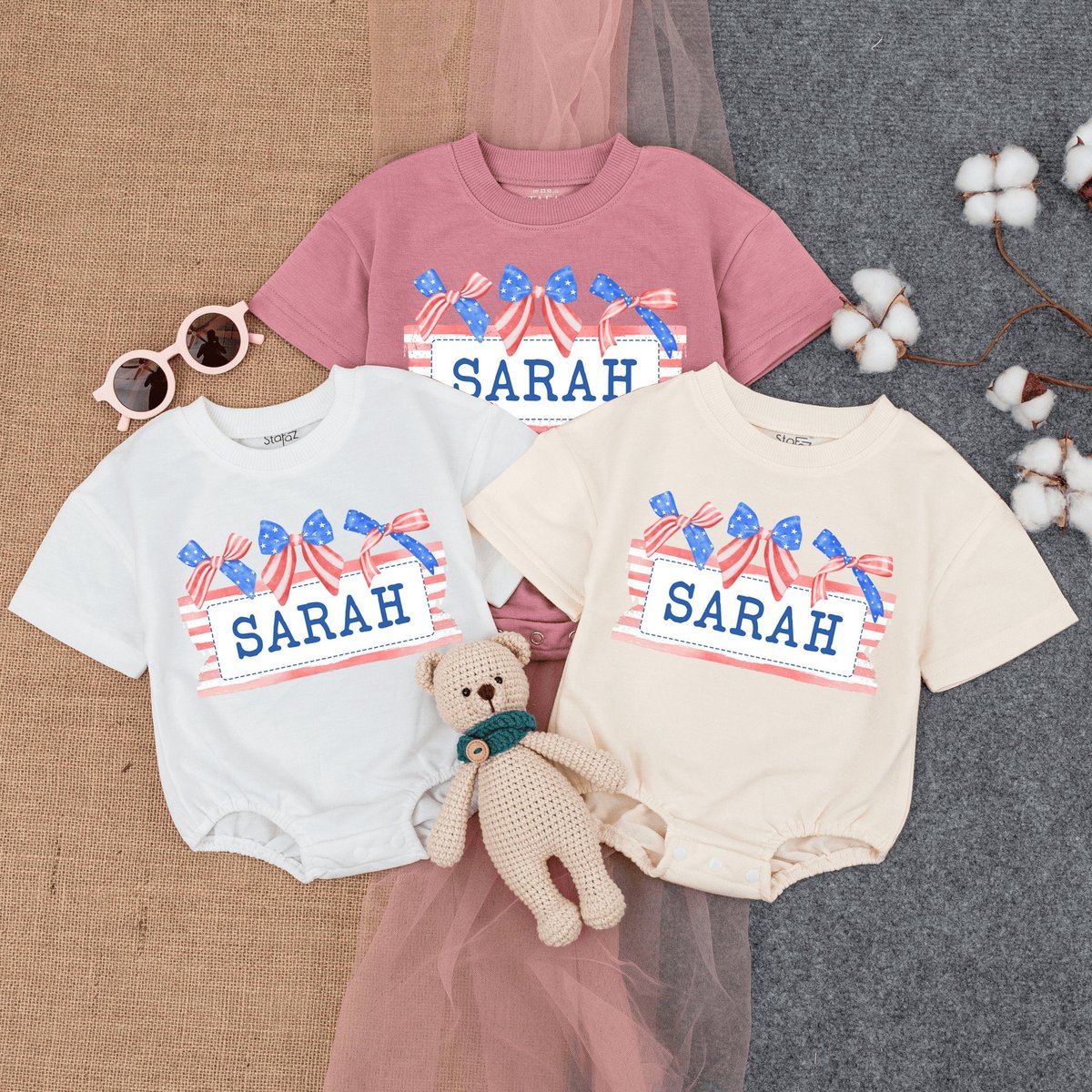 Custom Name Patriotic Baby Romper Short  Sleeve Cute Fourth of July Baby 4th of July Baby Girl Outf 172