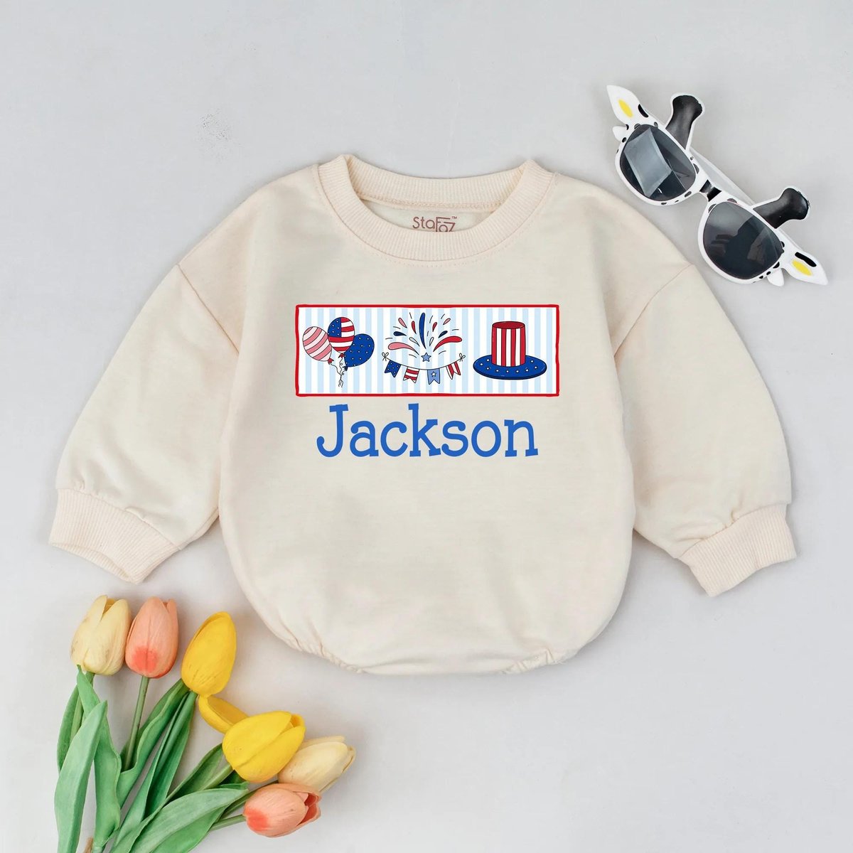 Custom Name Patriotic Baby Romper Personalized 4th of July Infant Outfit American Flag Toddler Jumpe 430