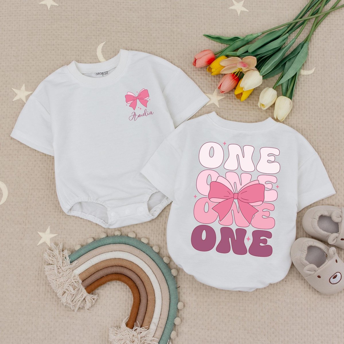 Custom Name Pink Bow 1st Birthday Baby Romper Baby Girl First Birthday Outfit Cute Pink Birthday Bod