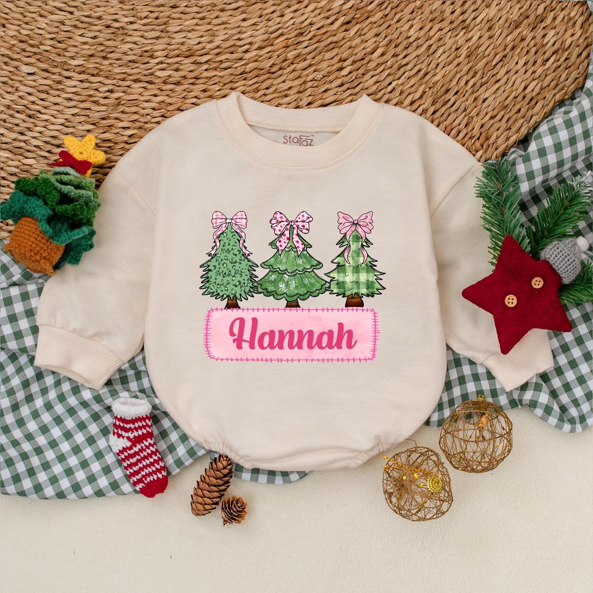 Custom Name Pink Bow Christmas Tree Romper Girls Christmas Bodysuit Baby Christmas Outfit My First C 180