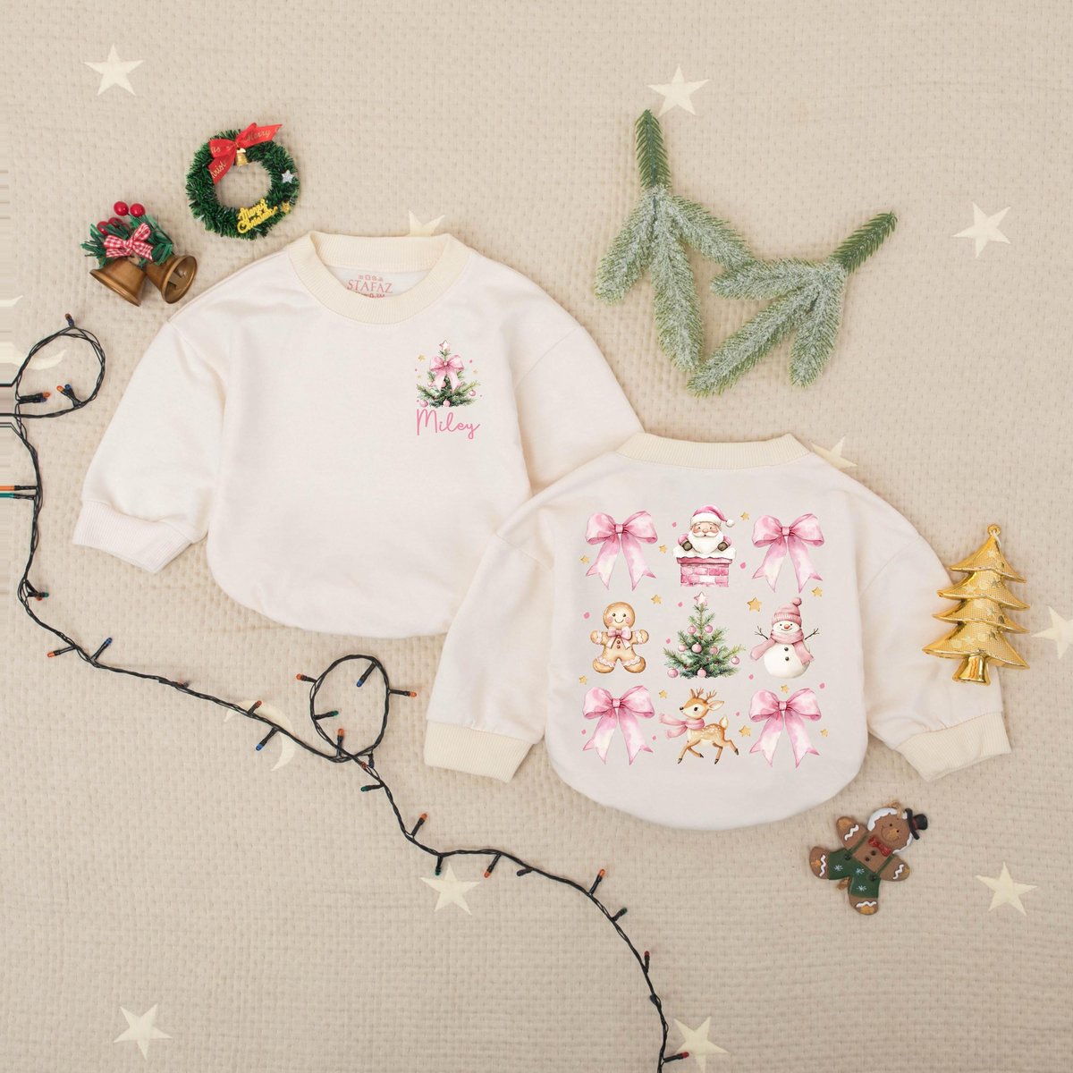 Custom Name Pink Bow Christmas Baby Romper Sweater Pink Bow Christmas Babysuit Santa Christmas Baby