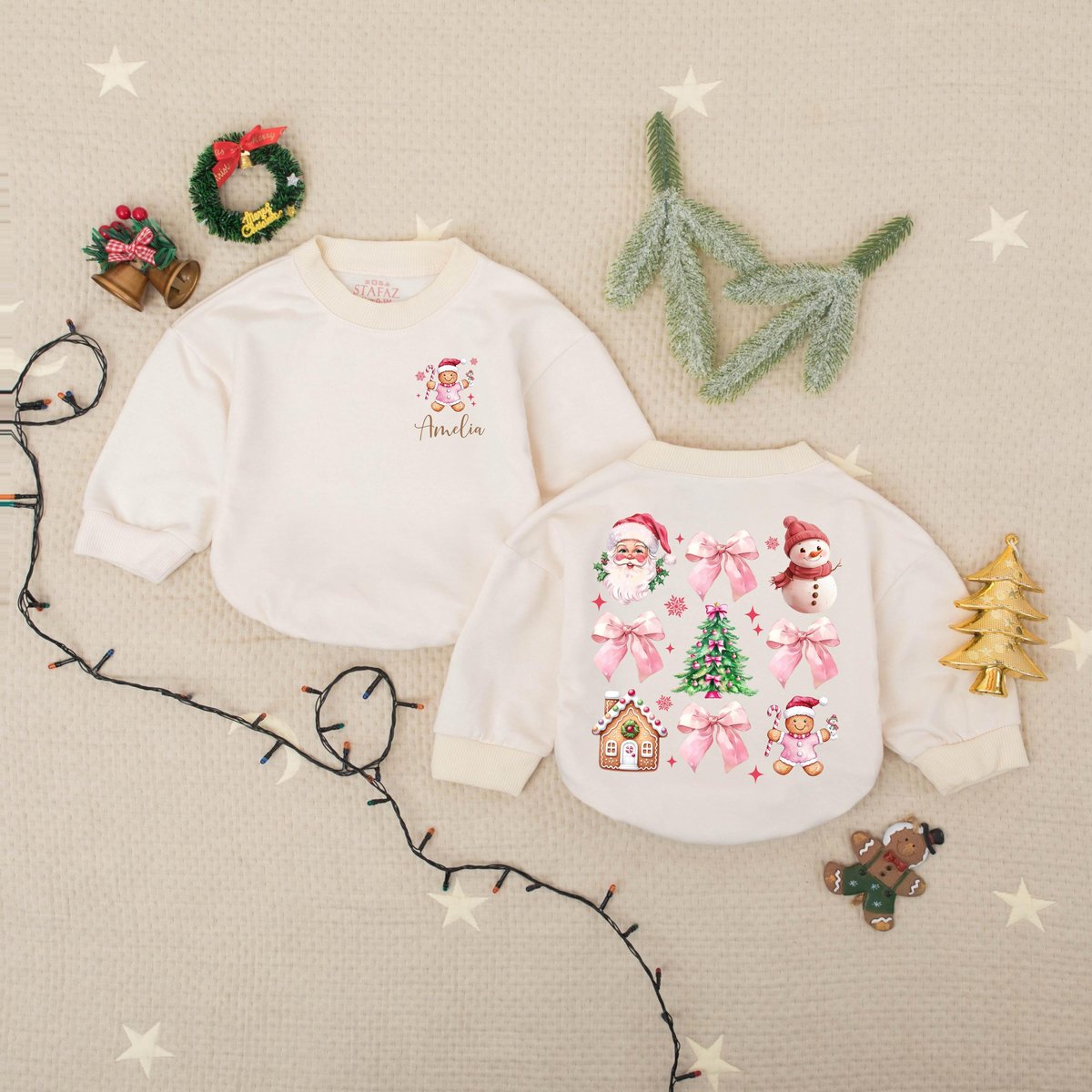 Custom Name Pink Bow Christmas Baby Romper Sweater Santas And Gingerbread Xmas Baby Bodysuit Coquett