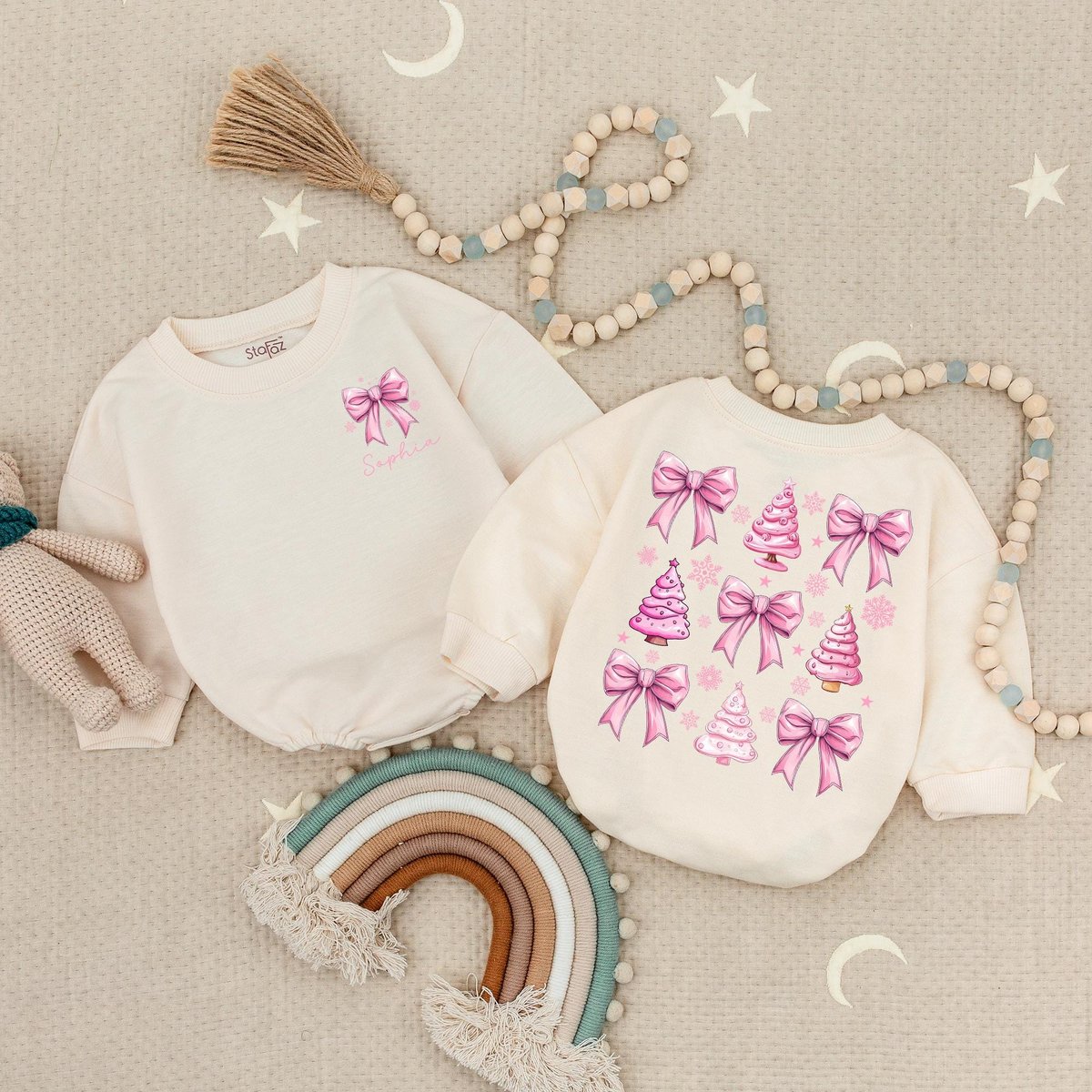 Custom Name Pink Bow Cute Christmas Romper Sweatshirt Pink Bow Baby Girl Clothes First Christmas Bab