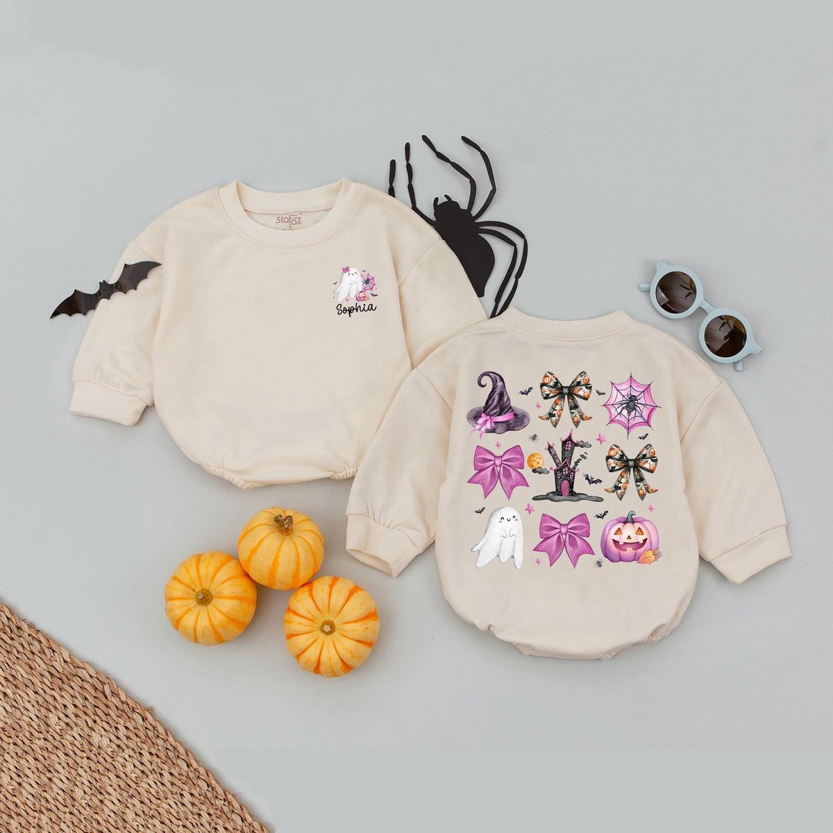Custom Name Pink Pumpkin Girls Halloween Baby Romper Cute Bow Halloween Babysuit Girls Cute Ghost Ba