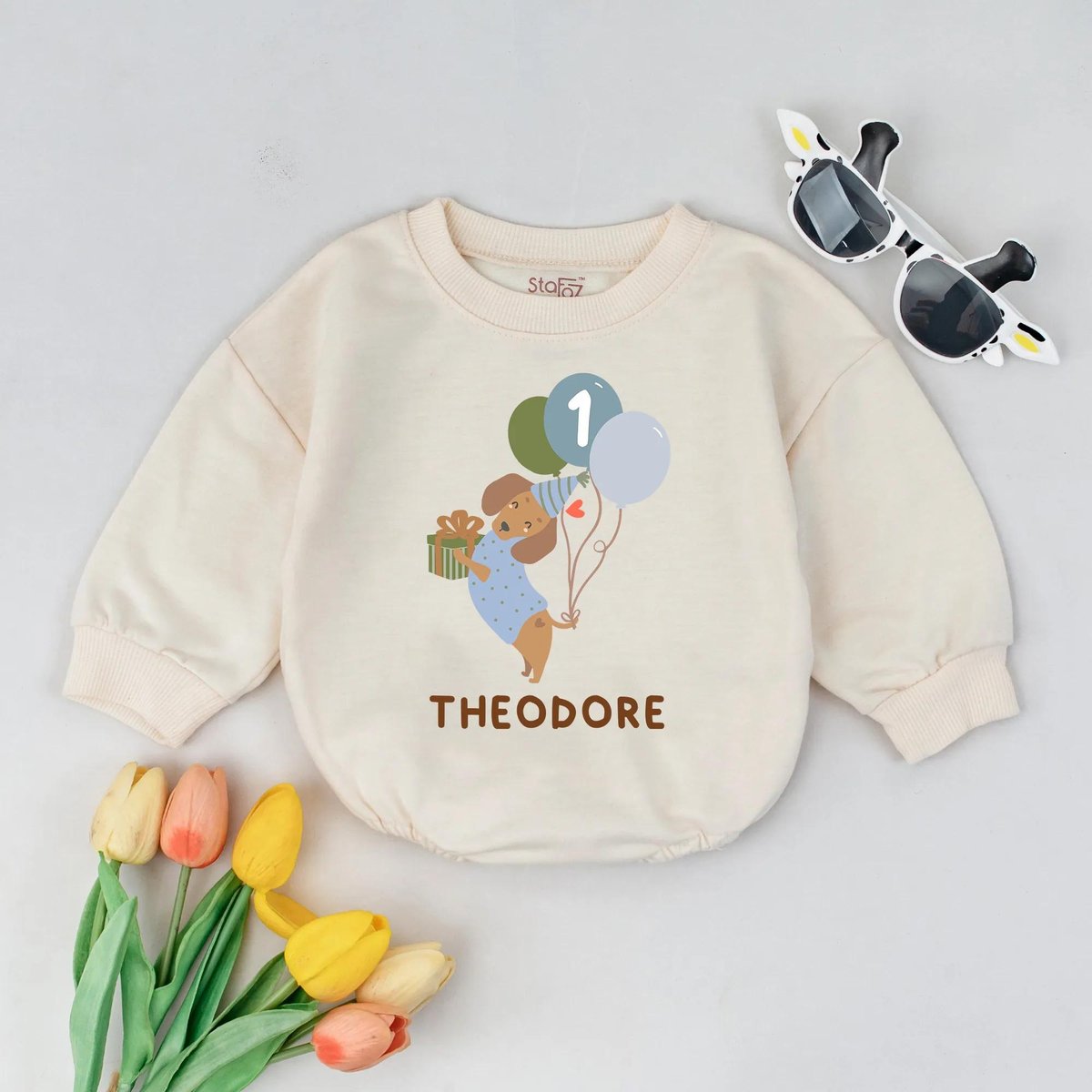 Custom Name Puppy Birthday Bubble Romper One Year Old Outfit Personalized 1st Birthday Gift Cake Sma 436