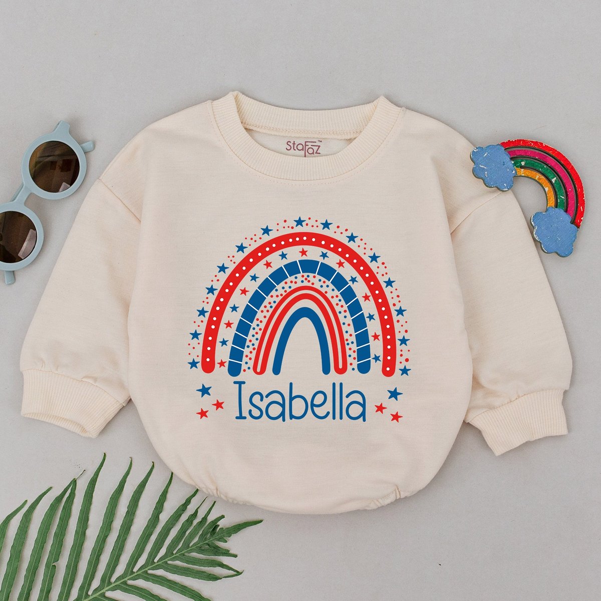 Custom Name Rainbow 4th of July Baby Girl Romper Patriotic USA Bodysuit Personalized Independence Da