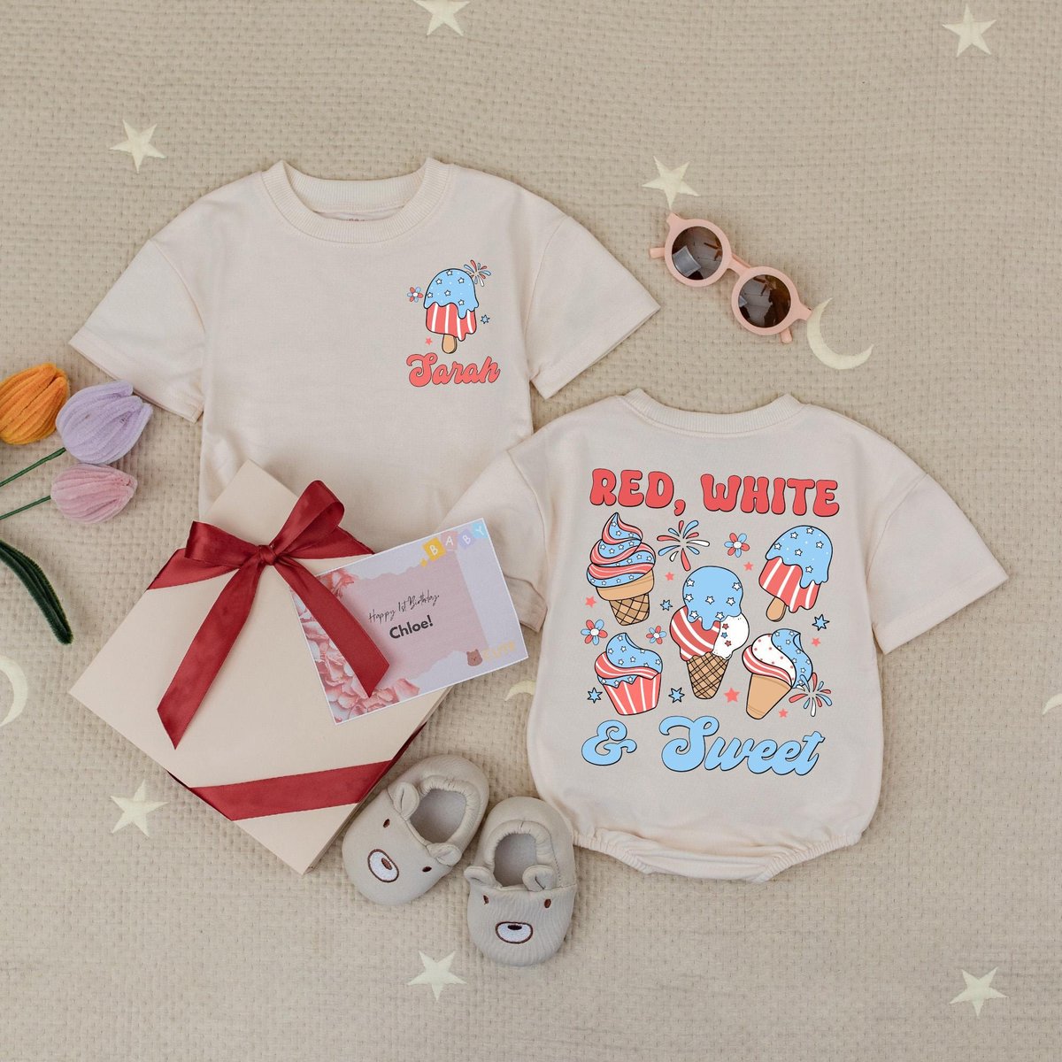 Custom Name Red White and Sweet Baby Romper Fourth of July Ice Cream Babysuit Funny 4th of July Inde