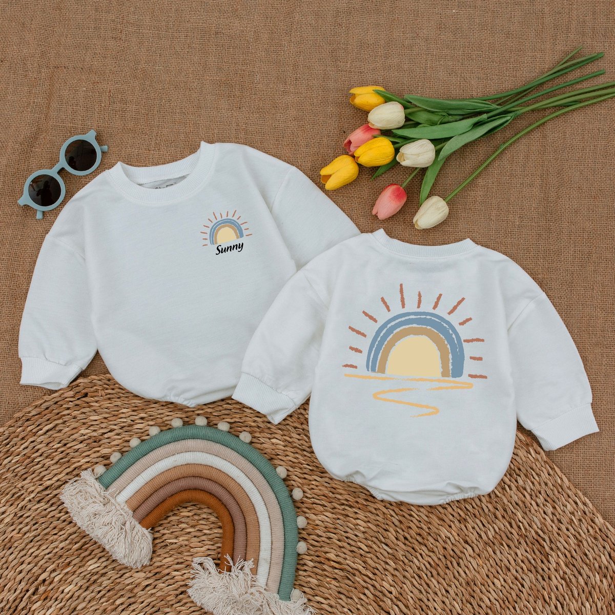 Custom Name Retro Sunshine Baby Romper Little Sunshine Baby Bodysuit Newborn Bubble Romper Sunshine 171