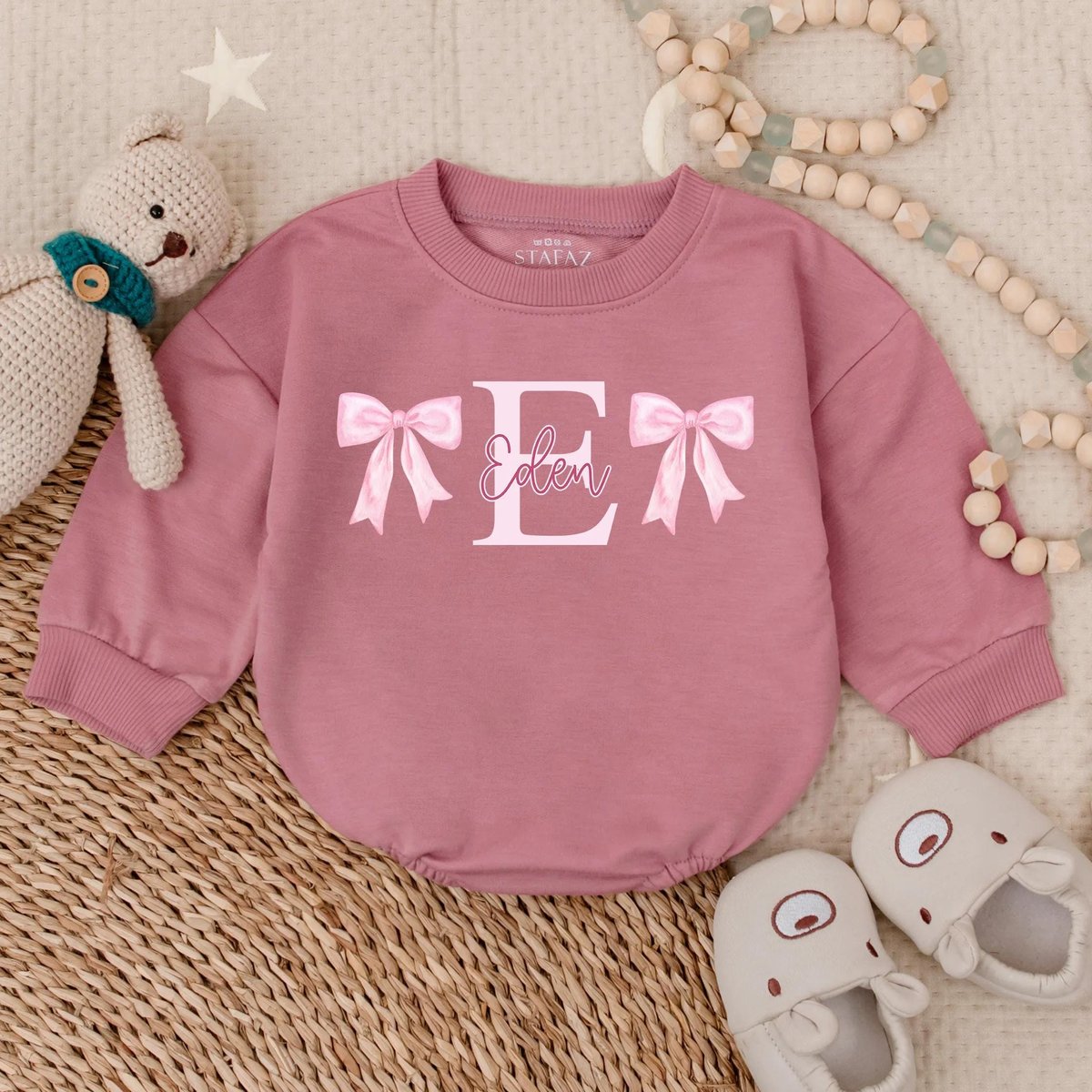Custom Name Romper Sweatshirt Personalized Baby Bow Outfit Baby Shower Gift Cute Baby Girl Clothes