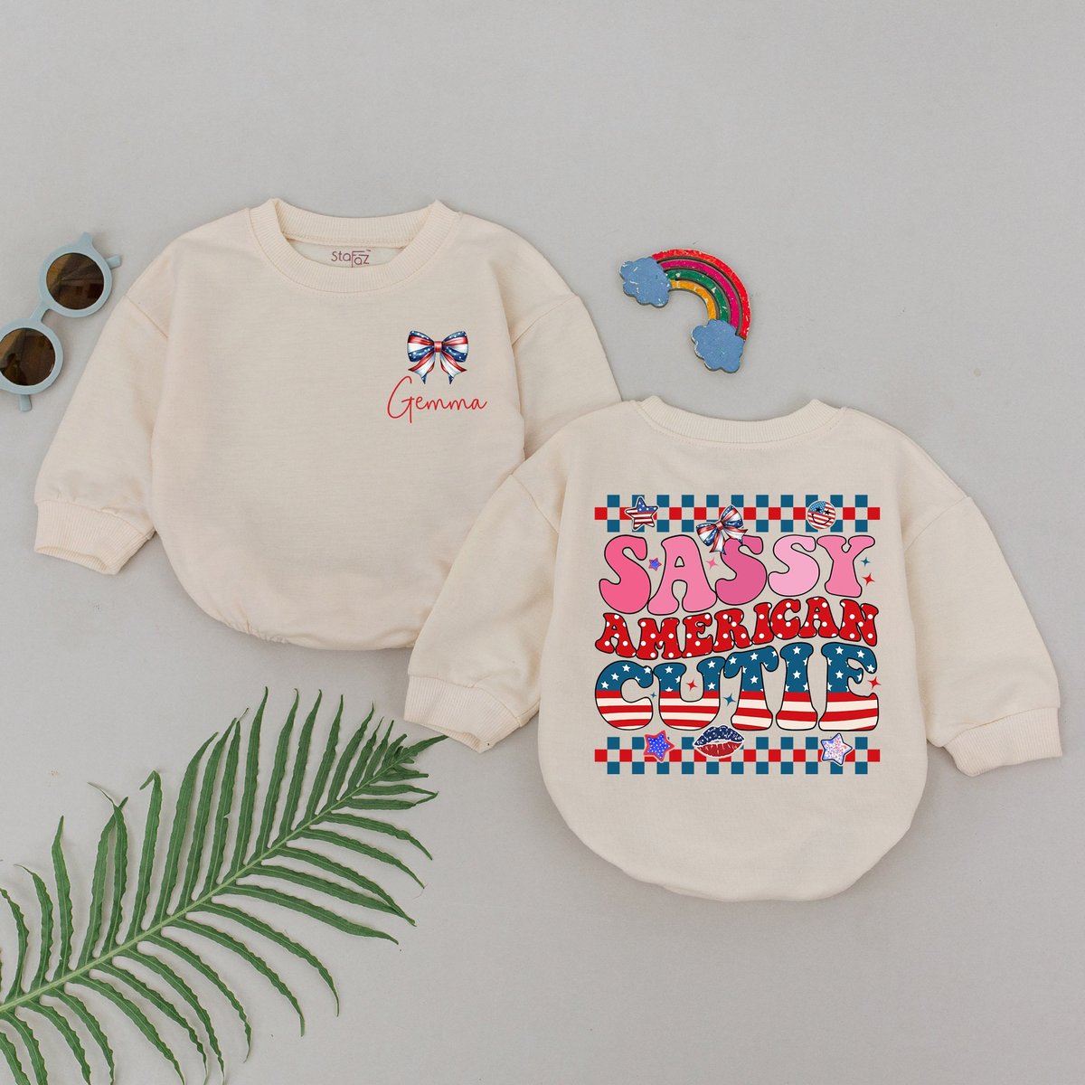 Custom Name Sassy American Cutie Romper 4th of July Baby Girl Outfit Patriotic USA Bodysuit Independ