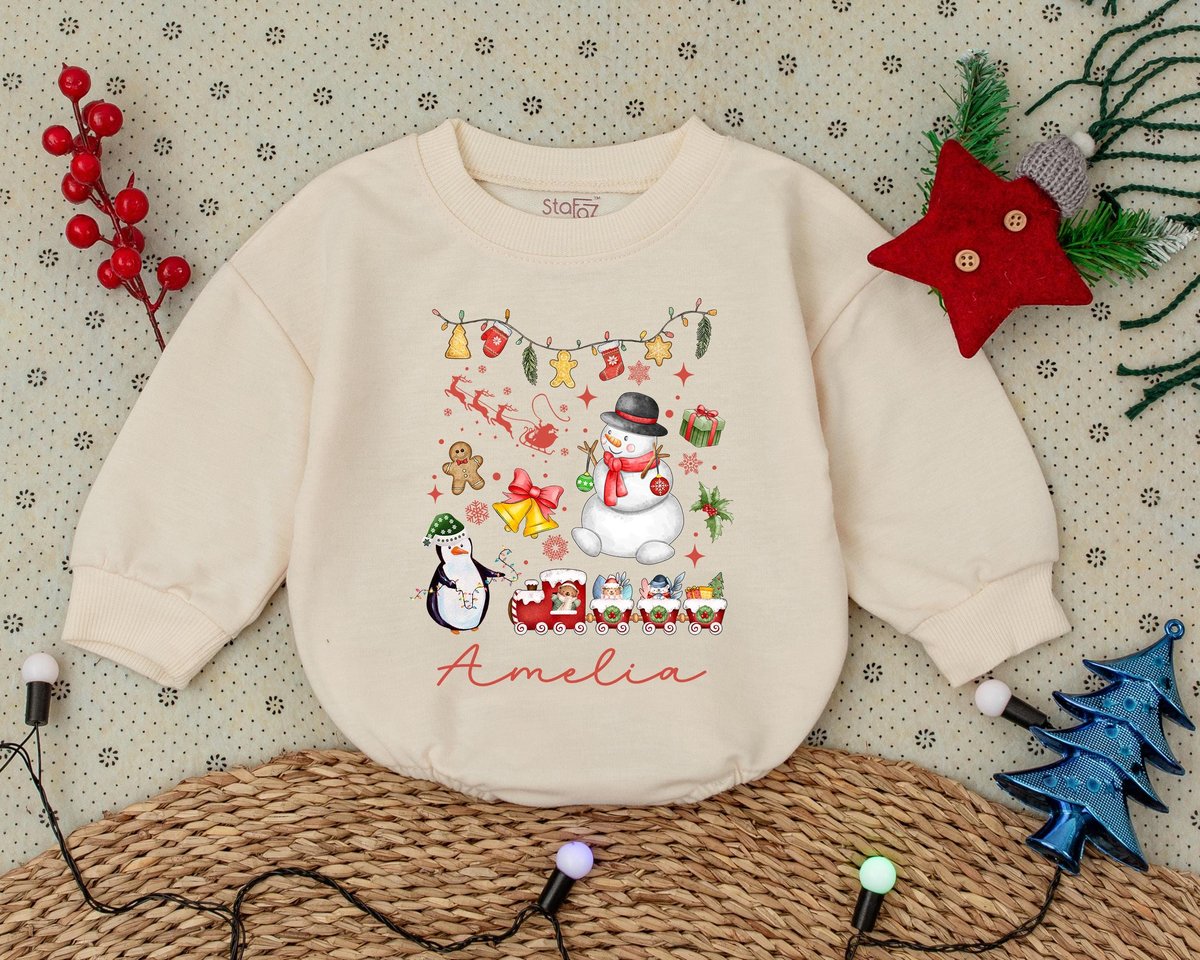 Custom Name Snowman Christmas Kids Bubble Romper Cute Toddler Holiday Tee Custom Name Merry Christma