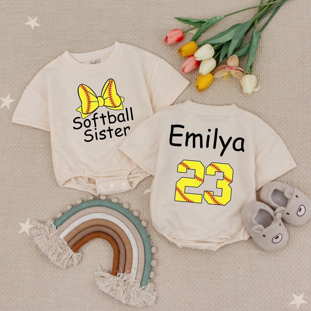 Custom Name Softball Sister Baby Romper Little Sister Biggest Fan Babysuit Little Sister Game Day Te