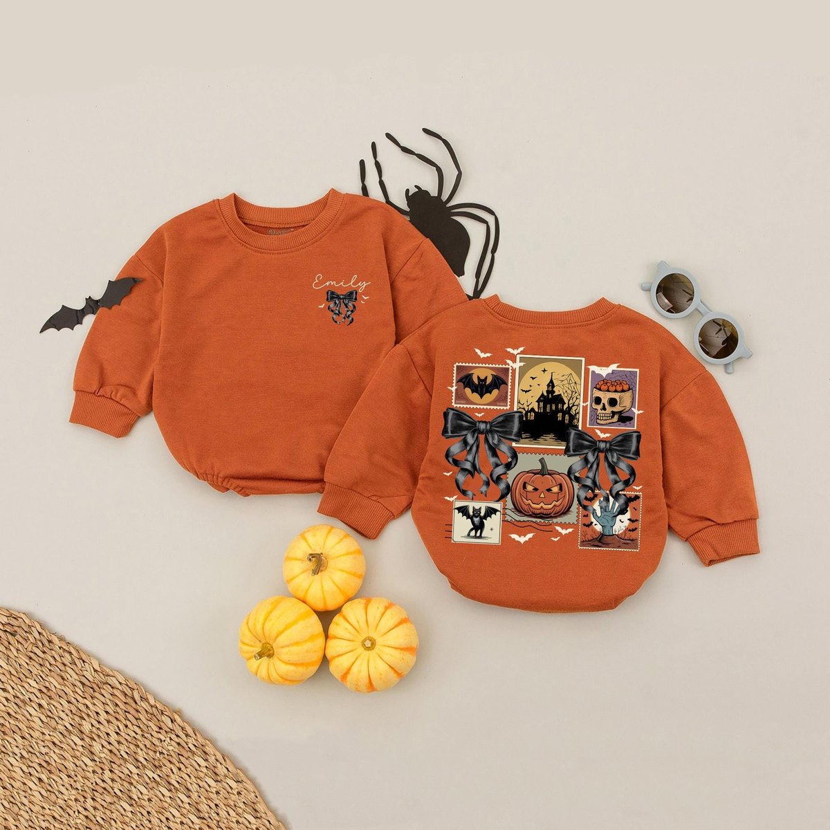 Custom Name Spooky Season Vintage Halloween Ghost Baby Romper Fall Pumpkin Baby Bodysuit Halloween B