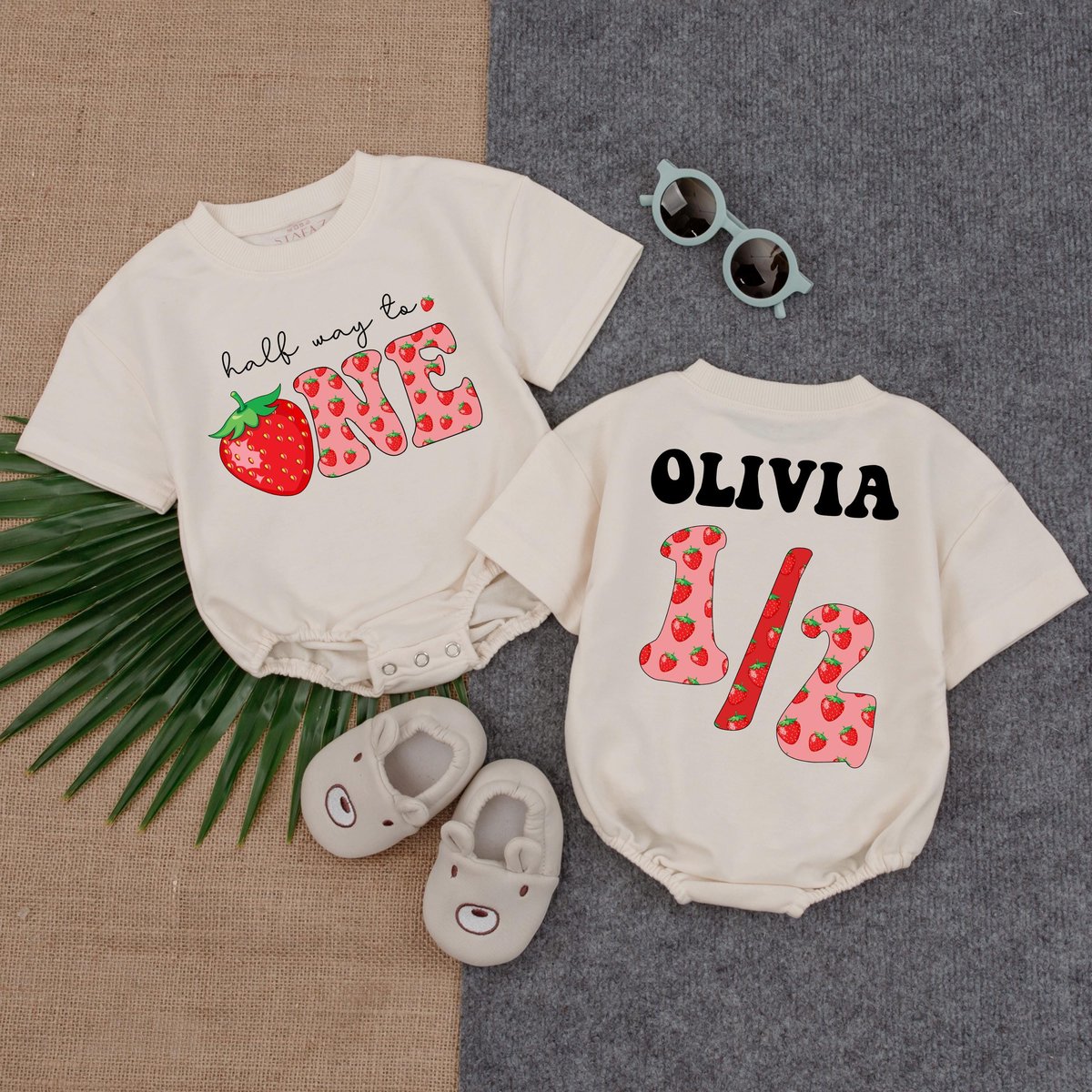 Custom Name Strawberry Half Way to One Short Sleeve Bubble Romper Personalized Baby Girl Outfit Todd 431
