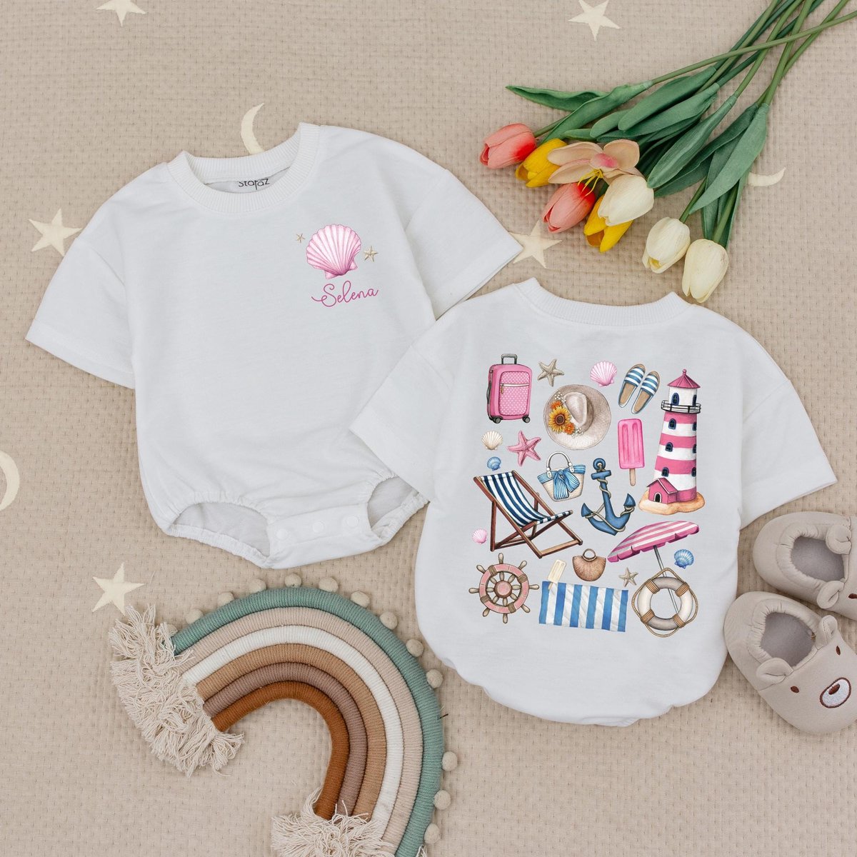 Custom Name Summer Bow Baby Romper Summer Vibes Baby Outfit Cute Beach Baby Clothes Summer Seashell