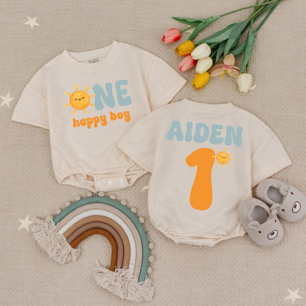 Custom Name Sun First Birthday Baby Romper One Happy Boy First Birthday Babysuit Sun Birthday Theme