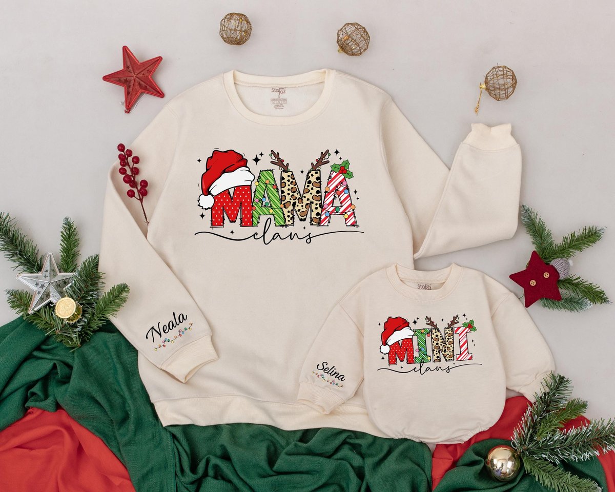 Custom Name Sweatshirt Mama and Mini Claus Christmas Mommy and Me Sweaters Matching Family Outfit Ma 178
