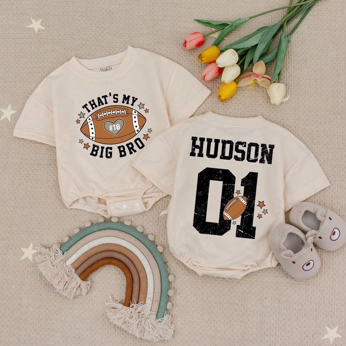 Custom Name That's my Big Bro Football Baby Romper Game Day Baby Outfit Sports Baby Clothes Brother