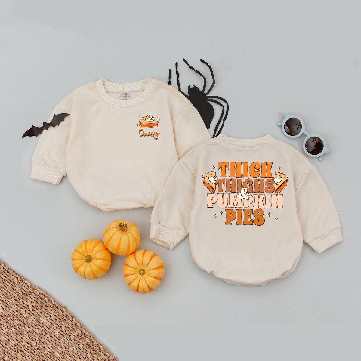 Custom Name Thick Thighs Pumpkin Pies Baby Romper First Thanksgiving Baby Outfit Newborn Thanksgivin