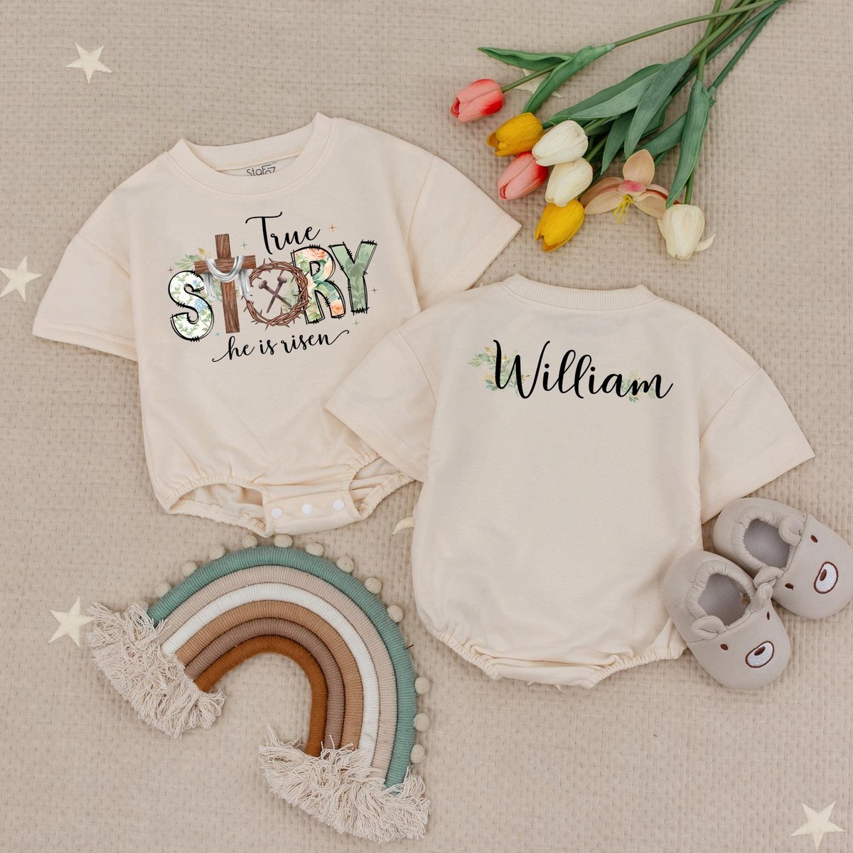 Custom Name True Story Easter Baby Bodysuit He is Risen Baby Gift Jesus Christian Easter Bubble Romp