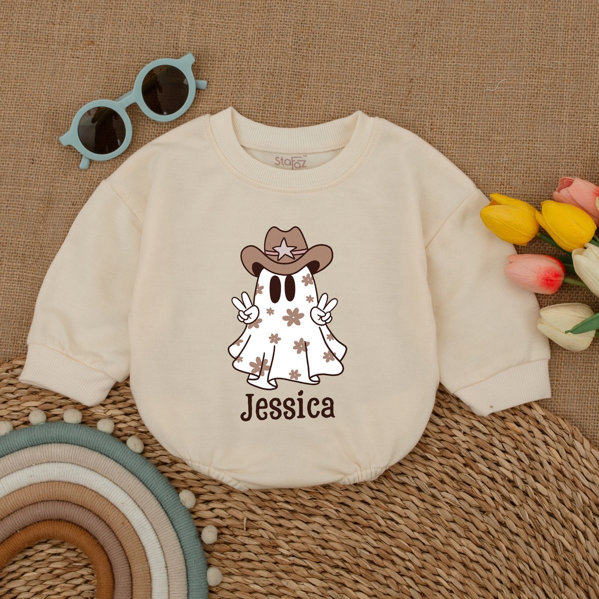 Custom Name Western Boo Romper Cowgirl Ghost Romper Halloween Cowgirl Bodysuit Fall Baby Outfit Hall 175