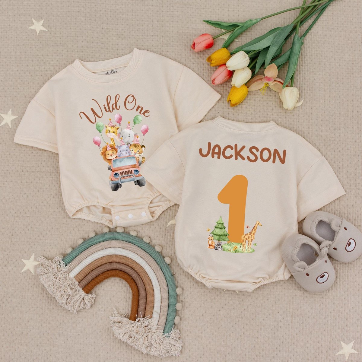 Custom Name Wild One Birthday Baby Romper Zoo Birthday Babysuit Jungle Birthday Babysuit First Birth