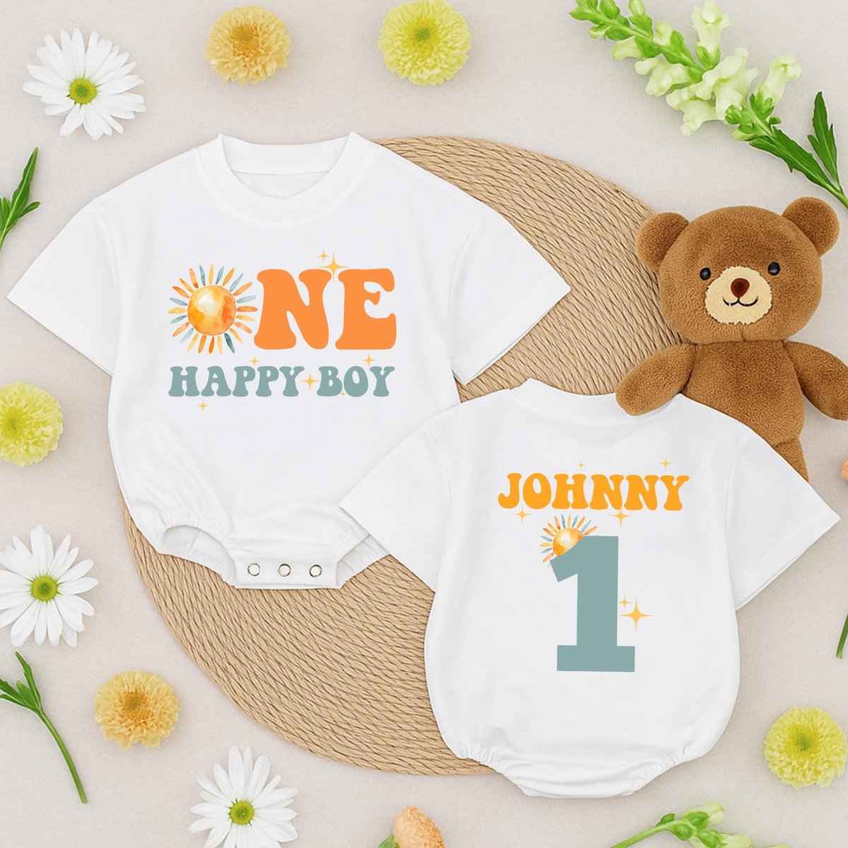 Custom One Happy Boy Birthday Romper Short Sleeve Sunshine Birthday Sun Boy 1st Birthday Outfit Baby 434