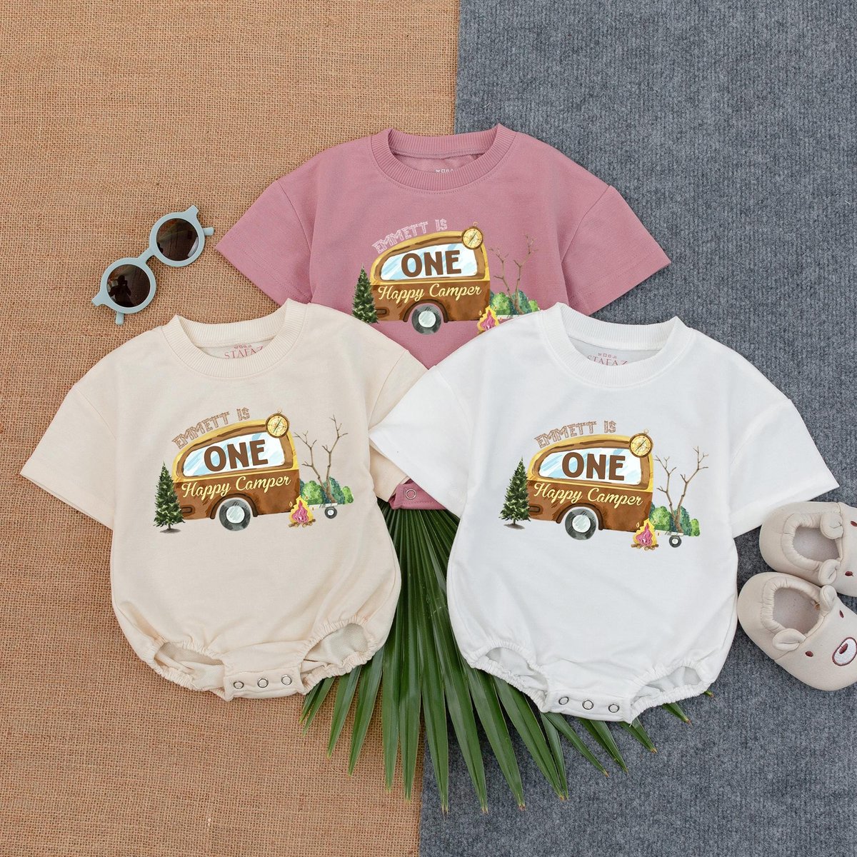 Custom One Happy Camper T shirt Baby Romper Camping 1st Birthday Outfit Birthday Boy Adventure Baby 189